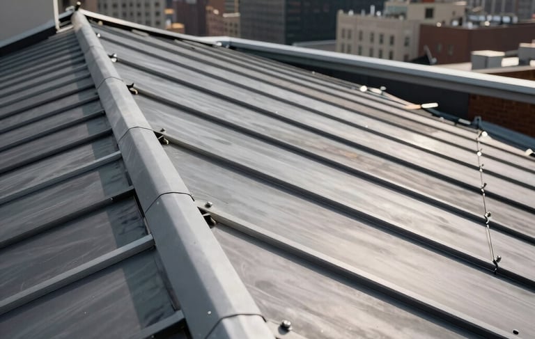 A low-angle, architectural photograph of a premium roofing installation on a Manhattan high-rise. The image focuses on durable, steel-gray roofing materials and clean structural lines against a North American / NYC skyline background, using a charcoal and white color palette for a professional, high-trust feel.