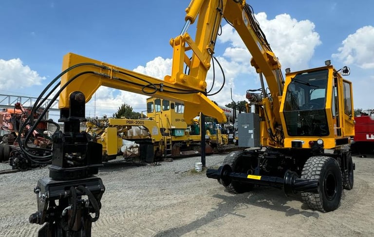 a yellow excavator with a crane on the back of it