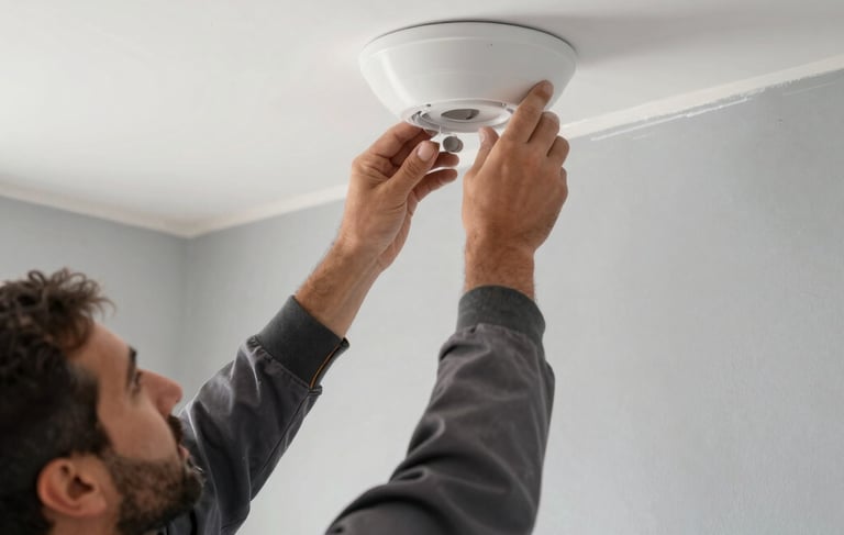 A close-up photograph of a professional interior worker's hands in a Middle Eastern / Turkish apartment, precisely applying finishing touches to a modern white suspended ceiling. The lighting is bright and clean, highlighting the smooth texture of the soft light grey walls and the sophisticated aesthetic of the renovation. The scene exudes expertise, craftsmanship, and trust, featuring a palette of soft grey and deep charcoal tones.