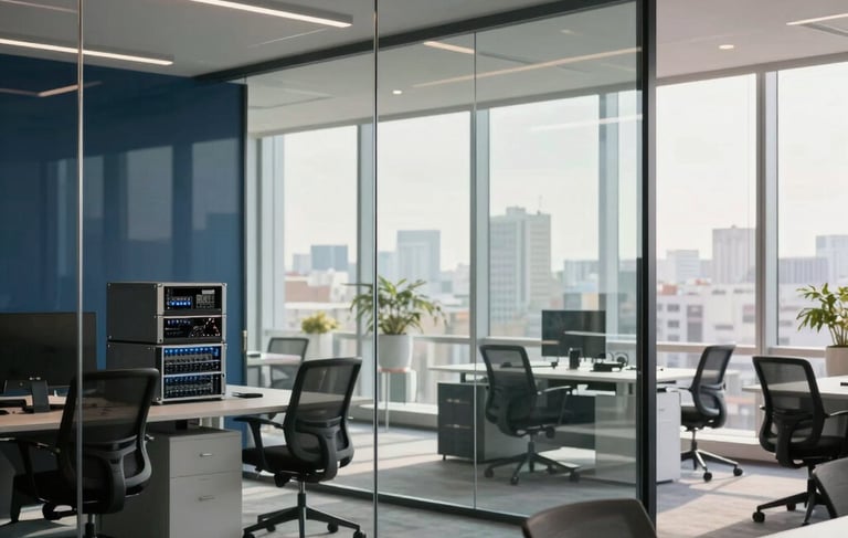 Interior of a modern high-tech office in a Latin American / Spanish metropolitan area. The scene features a glass-walled conference room with sleek furniture and advanced networking hardware visible in the background. Soft morning light enters through large windows, creating a professional and innovative mood with navy blue and off-white tones.