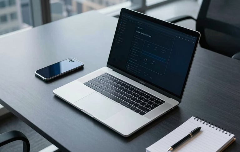 Professional high-angle photography of a modern tech office workspace in a North American city. A sleek desk features a silver laptop, a high-quality smartphone, and a notepad in a room filled with natural daylight. The palette is dominated by dark navy and light blue accents, emphasizing a clean, productive, and modern design atmosphere.
