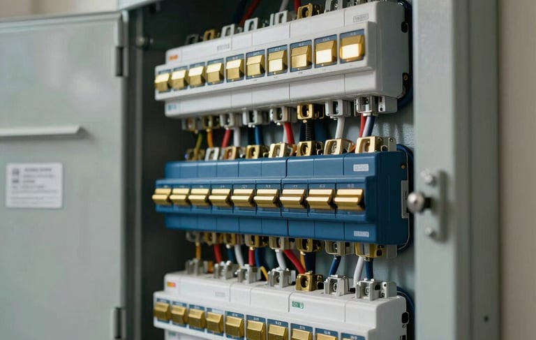 A close-up, professional photograph of a modern, organized residential electrical panel inside a North American home in British Columbia. The wiring is neat and precise, featuring dark blue components and gold-toned switches. The lighting is bright and clean, reflecting premium electrical craftsmanship and reliability.
