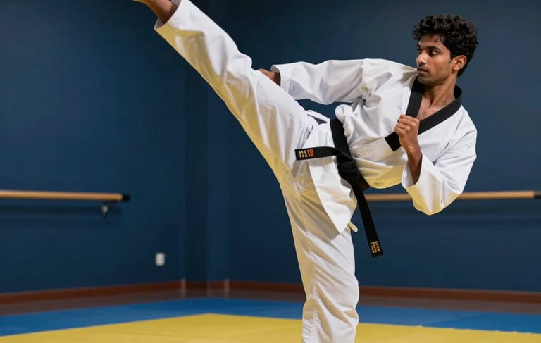A high-action photograph of a South Asian athlete in a crisp white Taekwondo dobok performing a powerful spinning hook kick. The setting is a premium, modern martial arts studio in Delhi with dark blue walls and yellow training mats. Dramatic spotlighting creates a sporty, energetic atmosphere with high contrast and sharp focus on the athlete's intense expression.