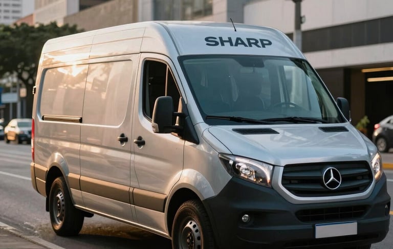 Sharp photography of a professional delivery van parked on a clean Brazilian street during the golden hour. The vehicle is silver with steel blue accents, reflecting a sense of reliability and speed. The city backdrop is modern and business-oriented, captured with a shallow depth of field.