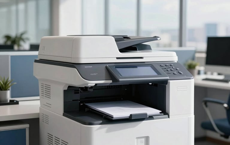 A professional Latin American office interior featuring a sleek, modern multifunctional printer and copier. Bright natural light filters through large windows, reflecting off clean cloud white surfaces. The scene is efficient and sophisticated, showcasing steel blue furniture accents and a sense of cutting-edge business technology.