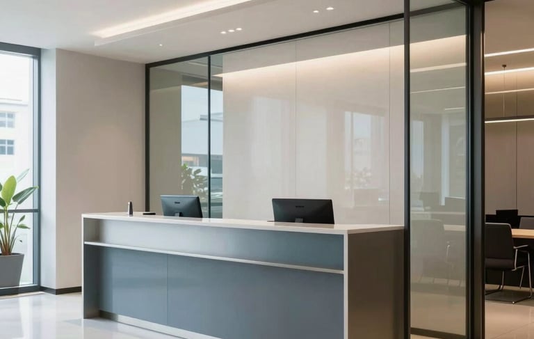 A high-end, modern corporate reception area in São Paulo, South American / Brazilian setting, featuring clean lines, glass partitions, and a professional atmosphere with subtle steel blue and off-white tones, soft natural lighting.