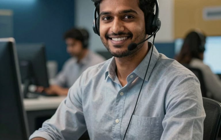A professional South Asian / Indian customer support executive wearing a headset, smiling confidently at the camera in a modern logistics control room. The lighting is bright and efficient, featuring accents of dark blue and gold.