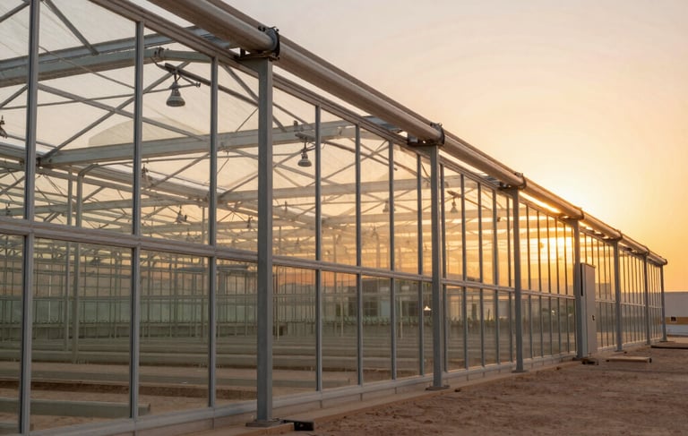 A professional wide-angle photograph of a modern industrial-scale greenhouse facility in the Saudi Arabian desert at sunset, featuring sleek steel frames and high-tech irrigation pipes, with warm orange sunlight reflecting off the glass, embodying modern innovation and professional expertise in agriculture.