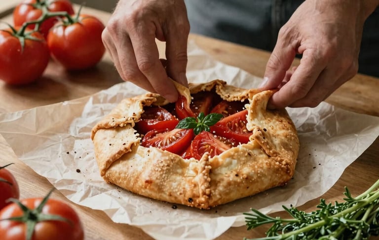 A warm, natural light photography shot in a Western / North American artisanal kitchen. A professional creative is styling a rustic tomato galette for a social media shoot. Crisp Parchment linens, Matte Forest Green herbs, and Deep Ripe Crimson tomatoes are visible. Sophisticated yet approachable atmosphere.