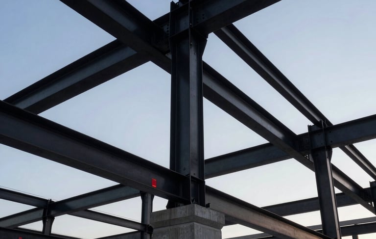 A low-angle architectural photograph of a high-end commercial roof structure in New York City. Steel black beams and concrete gray textures are prominent against a twilight sky. The lighting is sharp and professional, highlighting the engineering precision of the framework. Structural red safety markers are subtly visible, emphasizing safety and integrity.