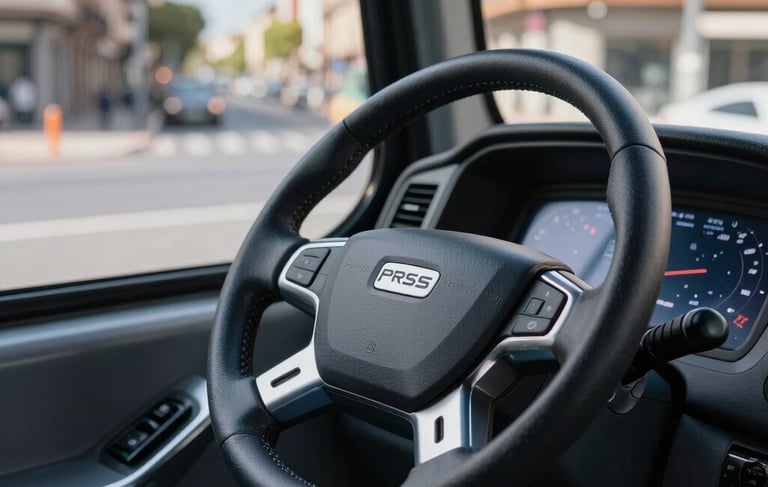Close-up photography of a professional steering wheel of a modern urban bus, with a clean dashboard and digital controls. A view of a sunny Southern European / Spanish urban avenue through the window. The color palette features dark blue and silver accents. Professional, sharp focus, efficient atmosphere.