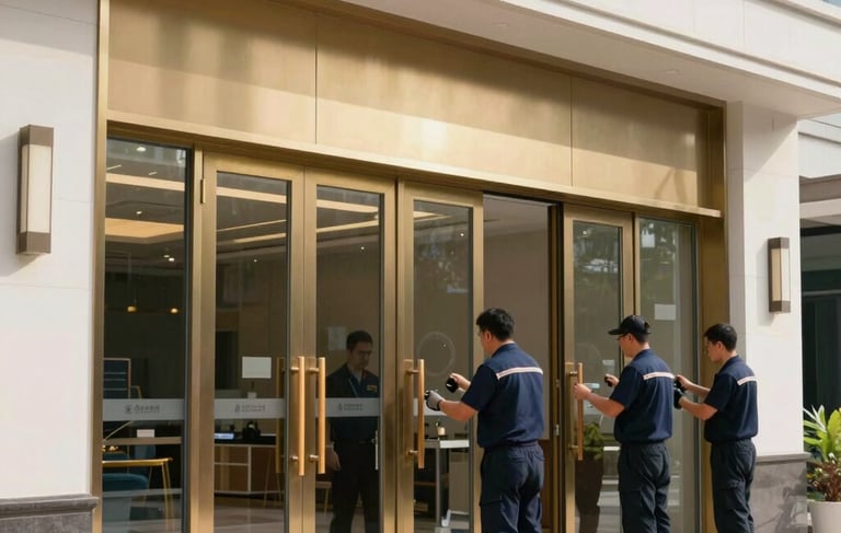 Professional photography of a large-scale commercial door installation in a North American / US corporate plaza. A team of technicians in navy blue uniforms are performing maintenance. Clear daylight, sharp focus, with accents of gold-toned hardware and pale white architectural details.