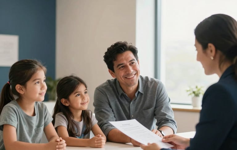 A warm, natural light-filled photography of a North American / Hispanic family sitting at a modern table in a bright office, smiling and looking at a document with a professional advisor. The room features soft beige walls and deep blue accents, reflecting a clean and secure atmosphere. Modern, high-end, and emotionally supportive style.