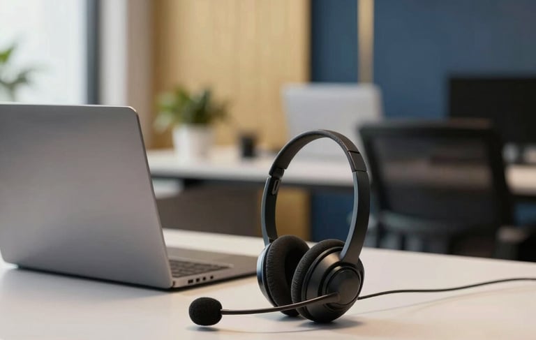 A professional and modern South American / Brazilian office setting showcasing a clean, high-tech workspace. Soft daylight illuminates a sleek desk with a professional headset and a laptop, symbolizing efficient tele-service. The background shows a blurry, warm office environment with subtle gold and dark blue accents in the decor, conveying trust and operational excellence.
