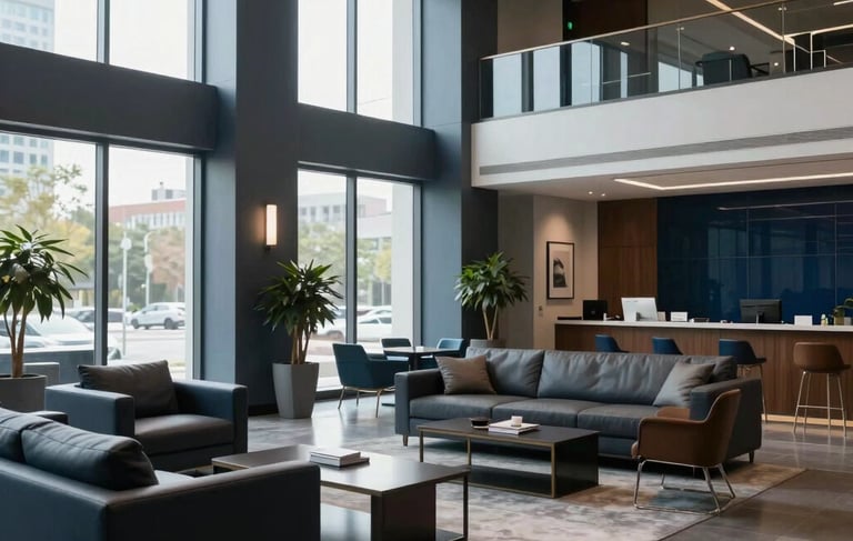 A wide-angle, professional photograph of a sophisticated North American office lobby with deep charcoal and slate blue accents, featuring high-end modern furniture and bright natural lighting from large windows, conveying a trustworthy financial institution.