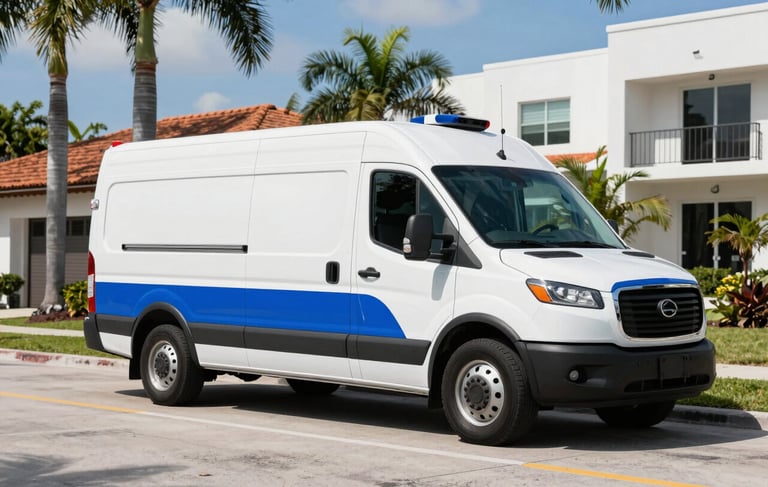 A professional photograph of a white restoration service vehicle with royal blue accents parked on a residential street in Miami, Florida. The background features palm trees and modern Florida architecture under a bright sunny sky. The style is clean, modern, and trustworthy, emphasizing a professional response team.