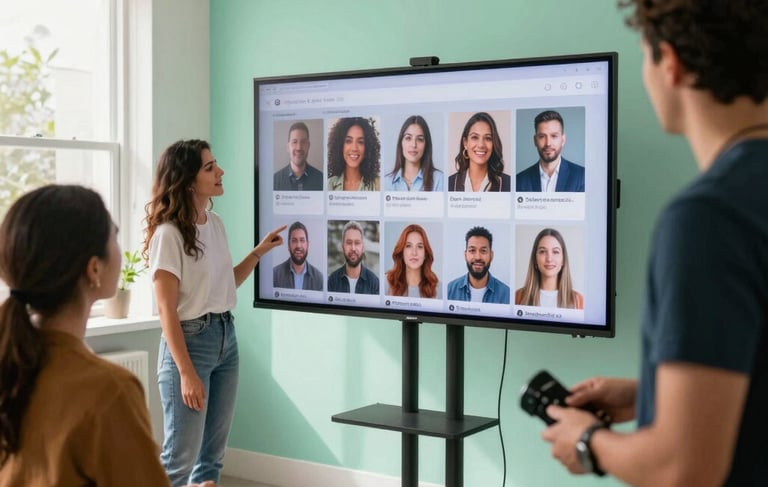 A professional Hispanic creative team in a bright, modern studio, planning a social media campaign on a large digital screen. The space is clean with mint green accents, warm natural light, and a focused but friendly atmosphere.