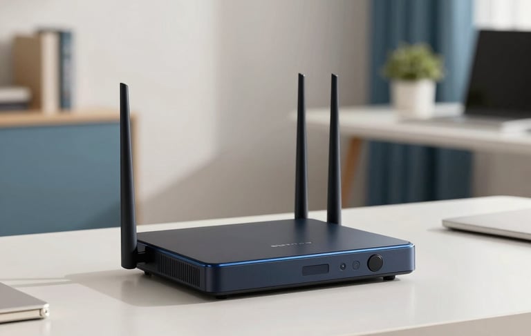 A professional photograph of a sleek, modern internet router situated on a minimalist desk in a North American / US home office. The background is slightly blurred, showing a clean room with off-white walls and medium blue decorative accents. The lighting is soft and natural, emphasizing a sense of high-speed connectivity and reliability.
