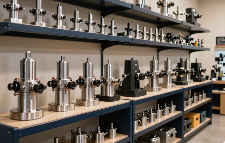 Professional photography of a high-end hardware showroom in South American / Brazilian setting. Rows of professional-grade steel tools and precision machinery displayed on sleek dark navy industrial shelving. Bright, clean environment with warm lighting reflecting off polished metal surfaces, emphasizing reliability and modern commerce.