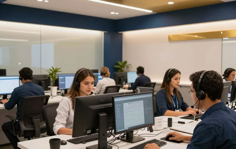 Wide professional shot of a modern Brazilian tele-attendance office in Salvador. Professional staff with headsets work at clean, organized workstations. The lighting is warm and welcoming with gold and navy blue accents in the interior design. High-end architectural photography.