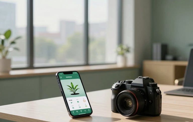 A clean, modern professional office space in North America with large windows. A minimalist desk features a sleek smartphone displaying a plant-growth tracking application and a high-end camera, symbolizing the intersection of technology and content creation. Soft daylight illuminates the sage green and muted gold accents of the room.
