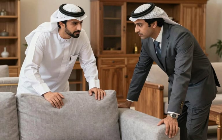 Professional photography of a tidy Middle Eastern living room setting in Jeddah. Experts in professional attire are carefully inspecting a high-quality sofa and wooden furniture. The lighting is soft and natural. The scene features a palette of light gray and gold-tan tones, conveying a sense of efficiency and reliability.