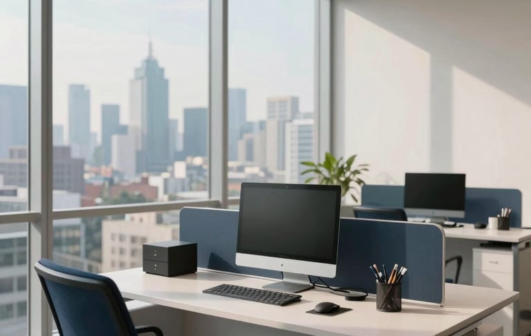 Modern and bright corporate office in Mexico City with large windows and a clean, minimalist design. A sleek desk with professional devices overlooks a blurred skyline. Soft morning sunlight illuminates the space with tones of navy blue, light blue, and off-white. Professional atmosphere, Hispanic / Latin American context.