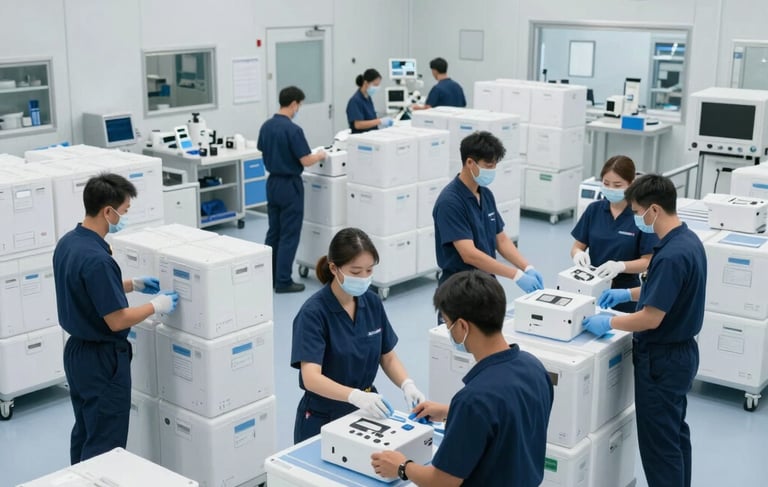 A crisp, high-angle photograph of a modern medical logistics facility in the North American / US. The scene shows a sterile, well-organized warehouse with professional staff overseeing the precise movement of medical equipment. The lighting is clinical and bright. The color scheme incorporates white, light blue-grey, and deep navy blue tones.