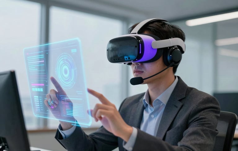 A professional in a high-tech North American office wearing a sleek augmented reality headset, interacting with holographic data. The lighting features soft sky blue and royal purple accents, creating a futuristic and professional atmosphere. High-end photography, sharp focus on the headset and hand gestures.