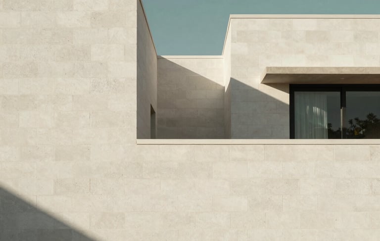 Clean minimalist architectural photography of a modern residential structure in Western Mexico constructed with white AAC blocks, soft natural daylight casting long shadows, professional and serene atmosphere, off-white and charcoal green color palette.