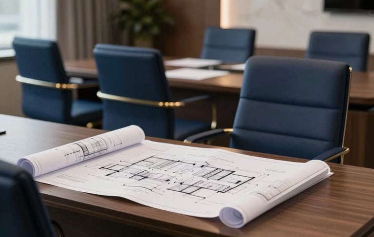 A Middle Eastern corporate office meeting room, professional setting with architectural blueprints on a desk, elegant modern design featuring deep navy blue chairs and metallic gold accents.