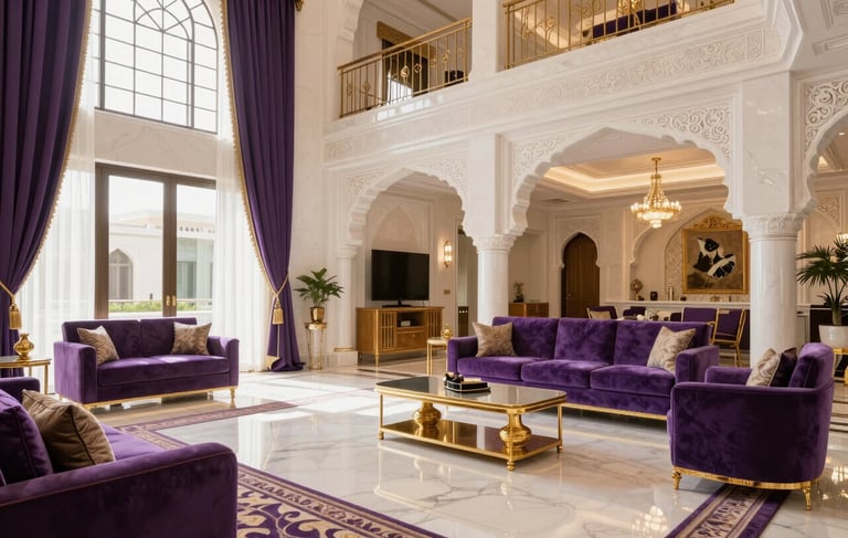 A high-end, luxury villa interior in Al Ain, UAE, featuring elegant purple and gold decor accents. The lighting is bright and clean, showcasing a pristine, professional cleaning result with sophisticated Middle Eastern architectural details in the background.