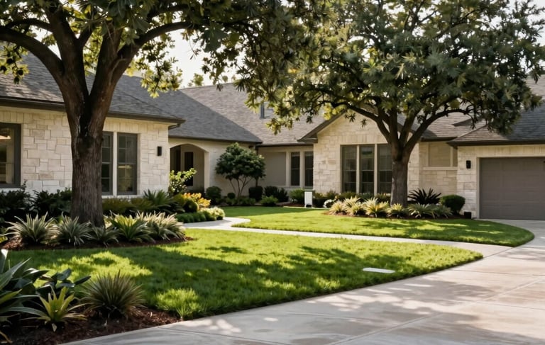 A sharp, high-resolution photograph of a professionally landscaped front yard in a North American / US (Texas) suburb. The composition shows clean-cut grass, perfectly trimmed oak trees, and a pressure-washed driveway. The style is modern and clean with natural elegance. Lighting is bright morning sun. Colors include dark green and medium green foliage against off-white stone accents.