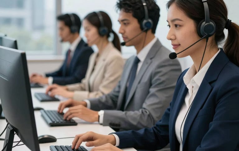 A high-end professional call center office environment in América do Sul / Brasileiro, featuring a focused team of agents with modern headsets, sleek ergonomic desks, and soft natural window light. The color palette includes Navy Blue and Sky Blue accents. Professional, modern, and efficient atmosphere.