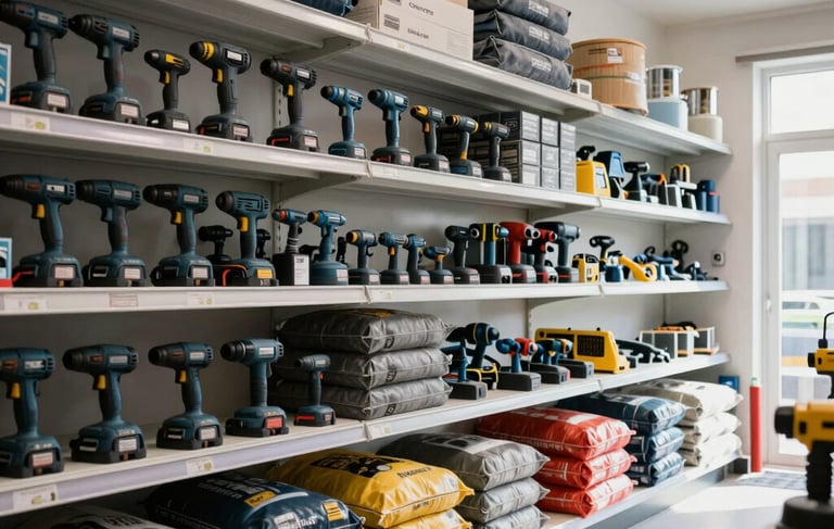 A clean and professional wide-angle photograph of a modern Turkish hardware store interior. The shop is stocked with organized shelves of power tools in dark blue and grey, bags of construction materials, and beekeeping equipment. Bright, natural lighting highlights the quality and reliability of the supplies. Anatolian / Turkish setting.