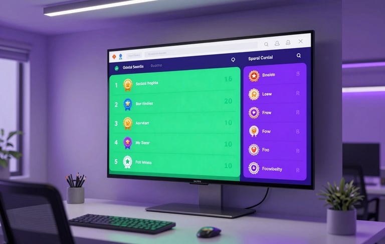 A high-end, contemporary workspace in a global English-speaking city, featuring a large screen displaying a vibrant green and purple leaderboard with digital achievement badges. The room has soft, purple ambient lighting and a professional yet playful edtech atmosphere, with a clean and focused composition.