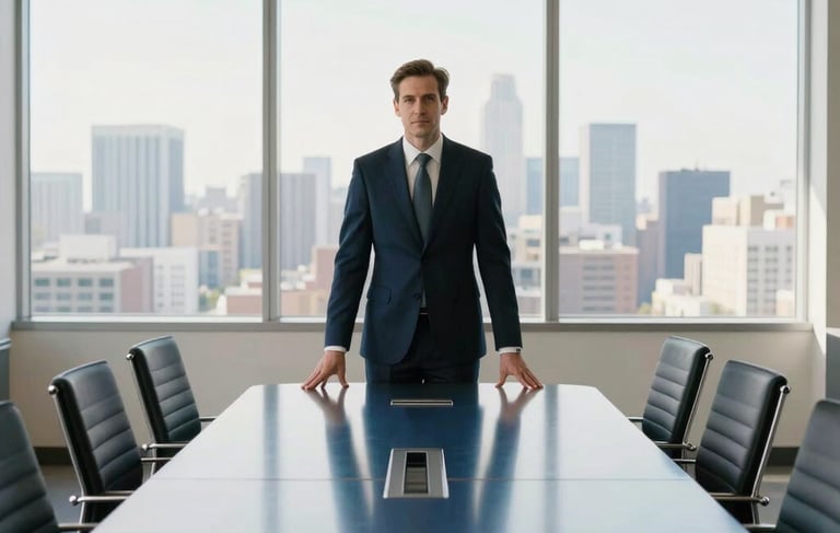 Professional photography of a minimalist North American executive suite. A polished steel-blue conference table reflects the ambient morning light from large windows overlooking a blurred metropolitan skyline. The scene is clean, sharp, and conveys quiet authority and financial stability, utilizing a palette of off-white and dark navy.