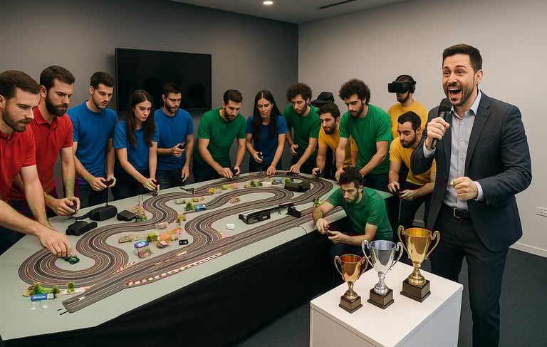 Pista de Scalextric con temática de Fórmula 1 en evento