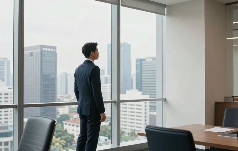 A high-end, bright office interior in Jakarta, Indonesia. A professional Southeast Asian man in business attire stands looking out a large glass window at the city skyline. The room is modern with off-white walls, steel blue accents, and dark navy furniture. The lighting is soft and natural, conveying a sense of integrity and professional calm.