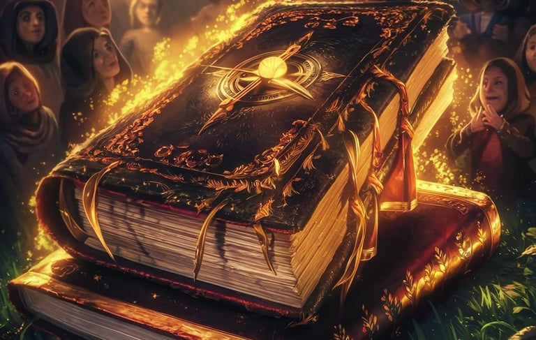 a book with a bookmark on it and a group of people standing around it