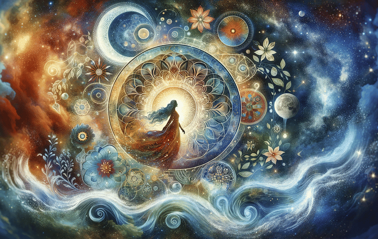 a woman in a long dress standing in front of a colorful painting