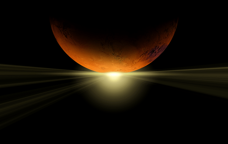 a red planet with a bright light shining through the lens