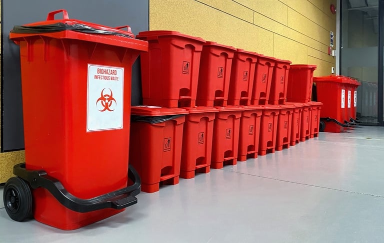a bunch of red bins with biohazard signs