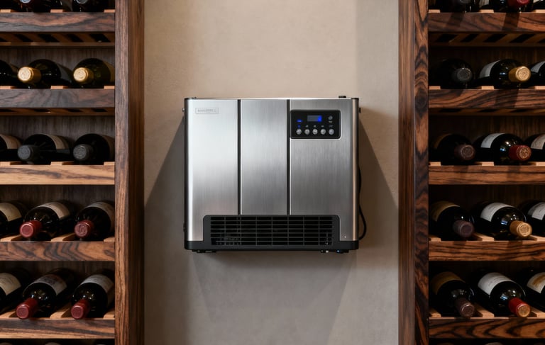 A wine cellar cooling unit situated in a home wine cellar to help maintain temperature.