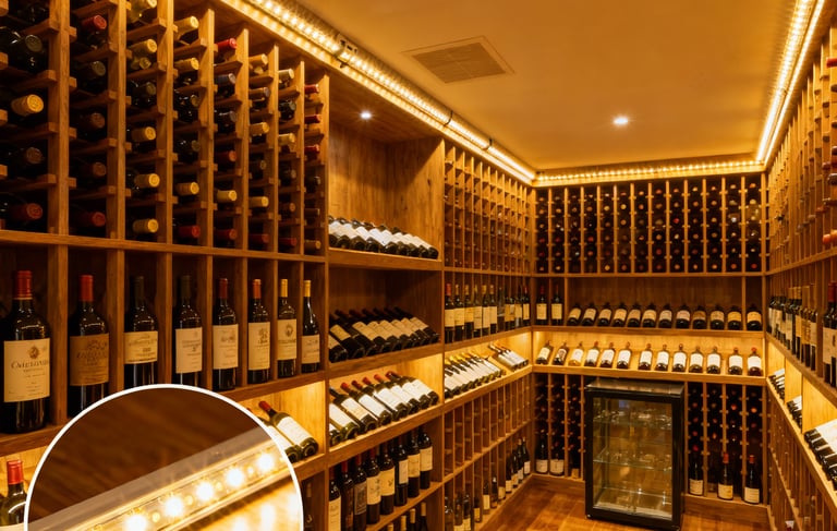 A well-organized wine cellar with LED lighting all around the ceiling.