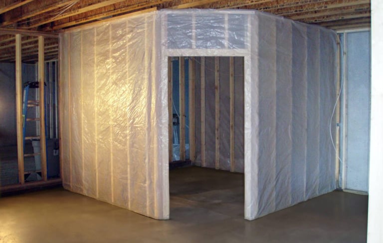 Wine cellar framing with the addition of a vapor barrier.