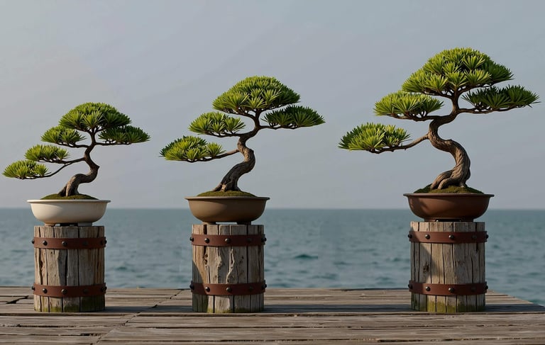 3 bonsai trees of different size