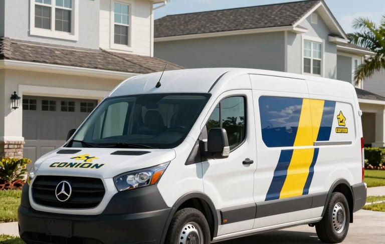 Professional photography of a white service van with navy and yellow branding parked on a residential driveway in a sunny Orlando, Florida neighborhood. High-quality lighting, modern North American house exterior, reflecting safety and professionalism.