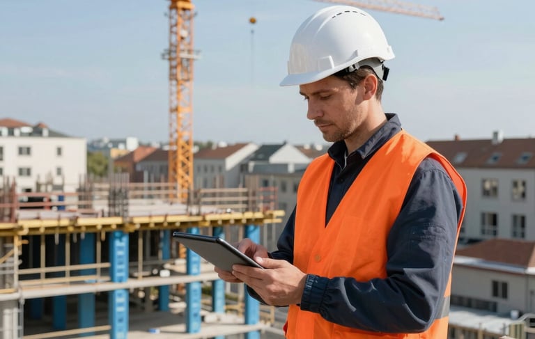 A medium-wide shot of a construction worker in a high-visibility tiger's eye orange vest and white hard hat, standing on a residential building site in a Central European city. He is reviewing digital plans on a tablet. The background features structural steel in delft blue and a crane under a clear sky. Professional photography, bright natural lighting, crisp details.