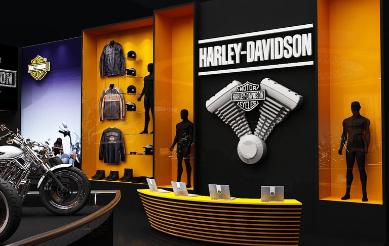 a display of a motorcycle with a motorcycle in the background